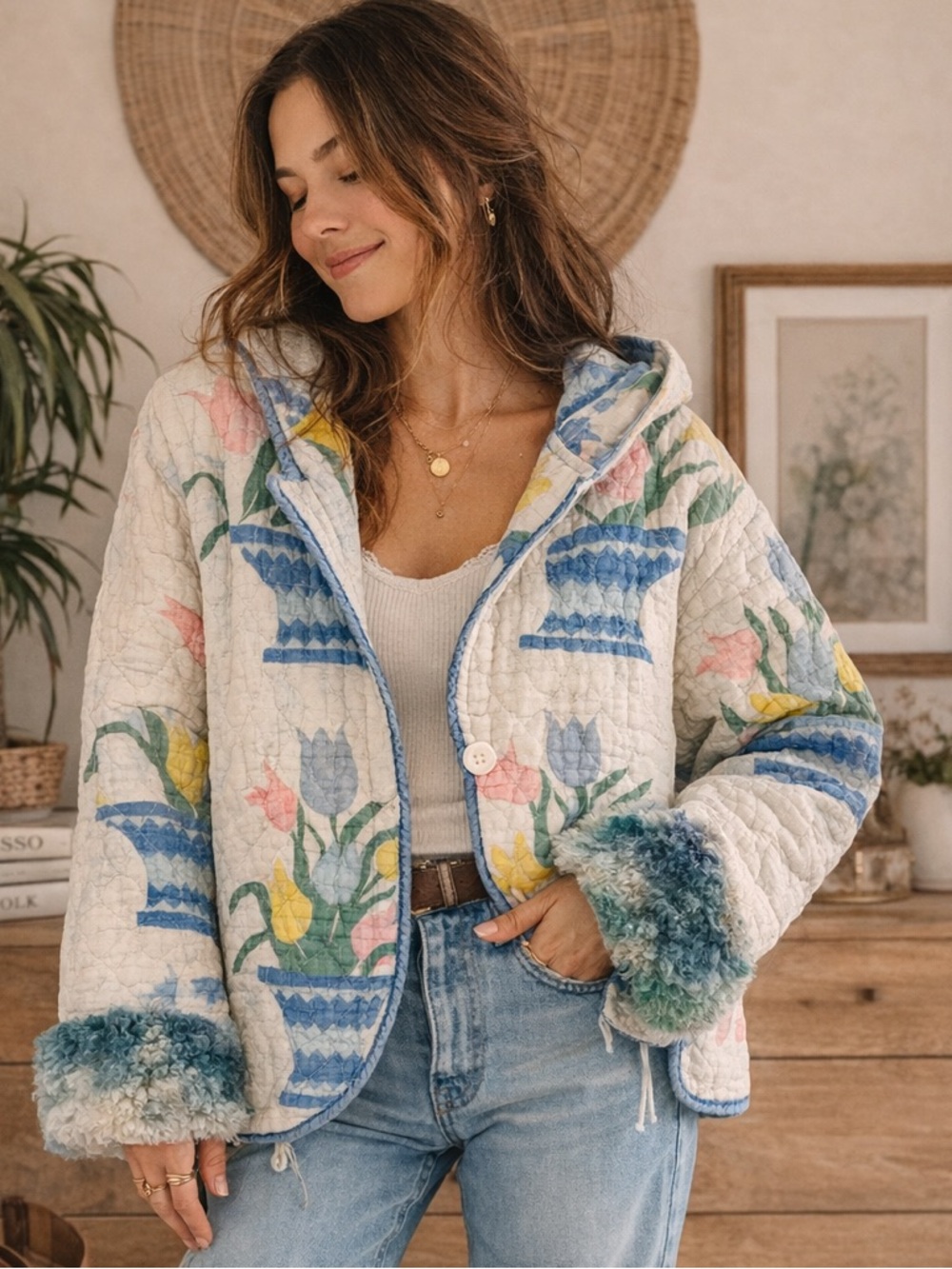 Upcycled Quilt Jacket w/ Faux Fur Cuffs Tulip Print Boho Cottagecore Hoodie